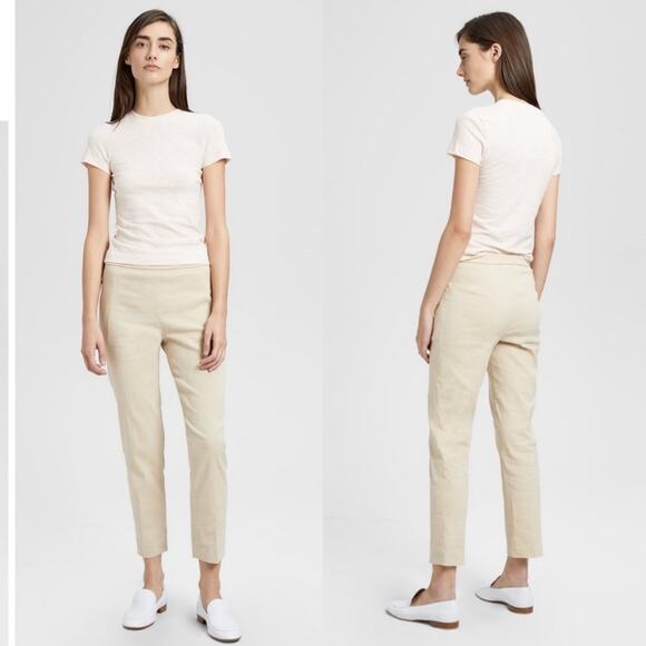 Theory Basic Pull On Pants Womens 12 Khaki Organic Crunch Wash Linen Crop Ankle - Picture 1 of 12